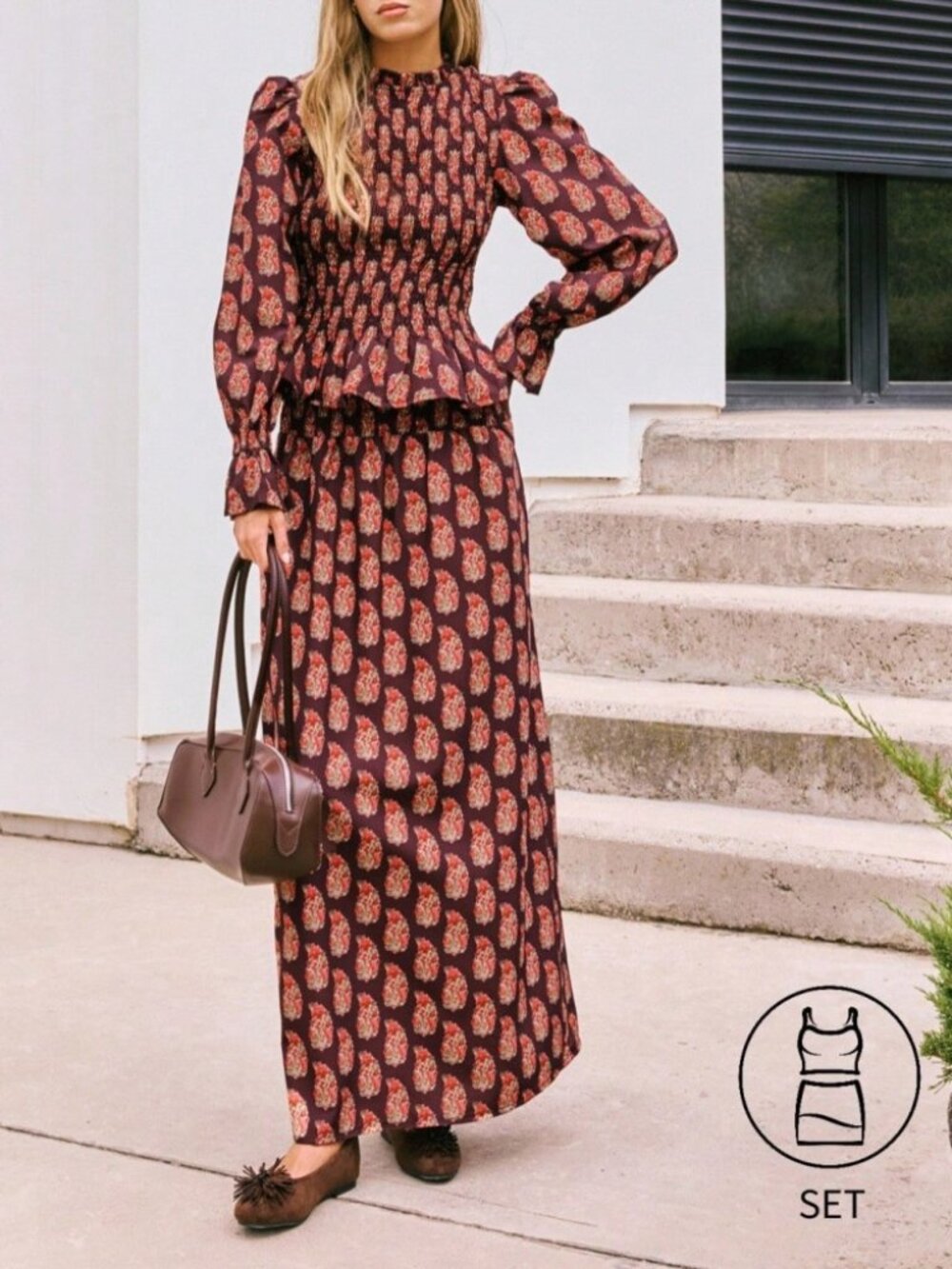 Burgundy Paisley Smocked Peplum Top & Maxi Skirt Set